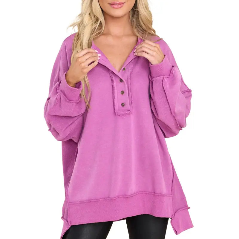 💝💝Women's Oversized Henley Sweatshirt Tunic – Long Sleeve V Neck Pullover Top, Cozy Casual Loose Fit Fall Sweater