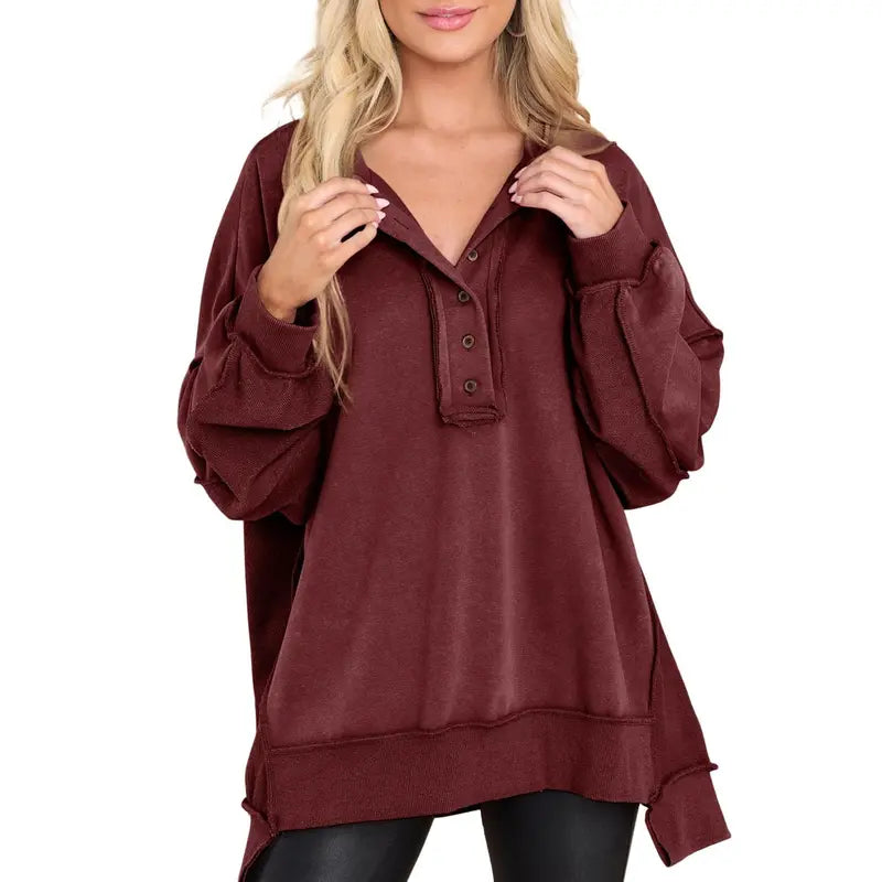 💝💝Women's Oversized Henley Sweatshirt Tunic – Long Sleeve V Neck Pullover Top, Cozy Casual Loose Fit Fall Sweater