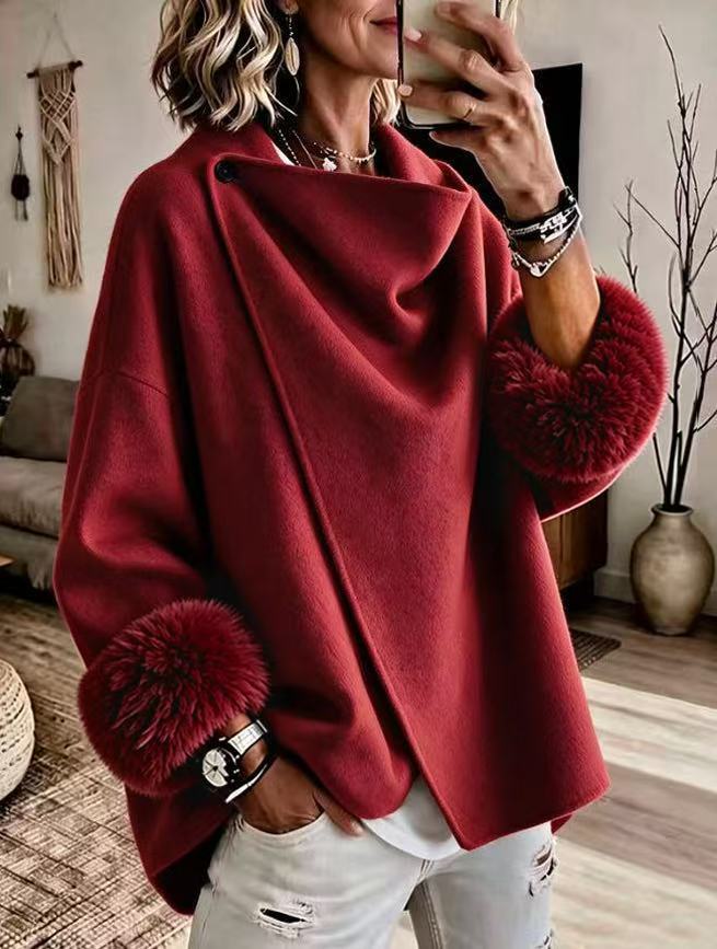 💝💝QUEENWAY | Cozy Faux Fur Cuff Asymmetric Wool-Blend Jacket