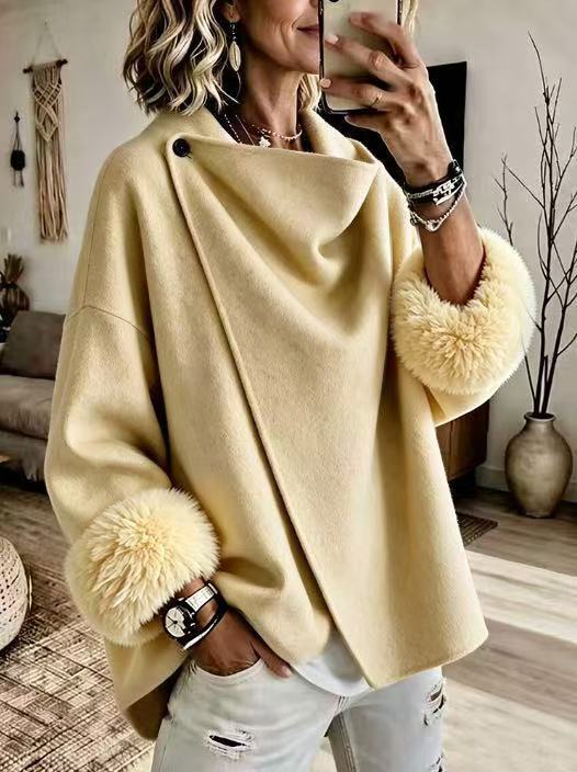 💝💝QUEENWAY | Cozy Faux Fur Cuff Asymmetric Wool-Blend Jacket