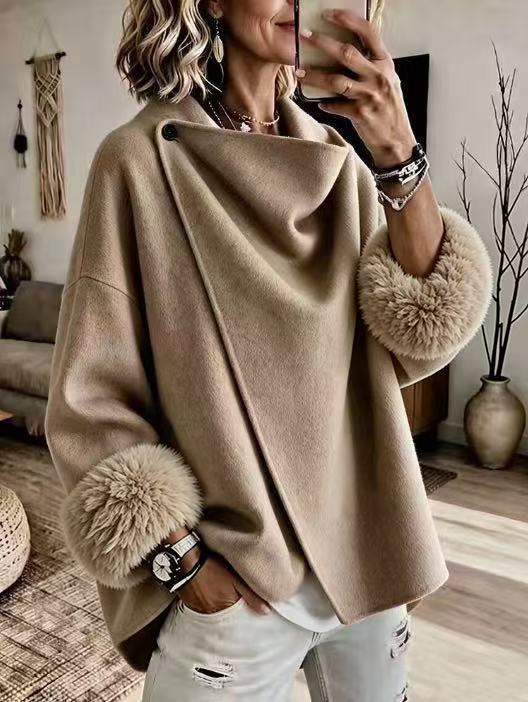 💝💝QUEENWAY | Cozy Faux Fur Cuff Asymmetric Wool-Blend Jacket