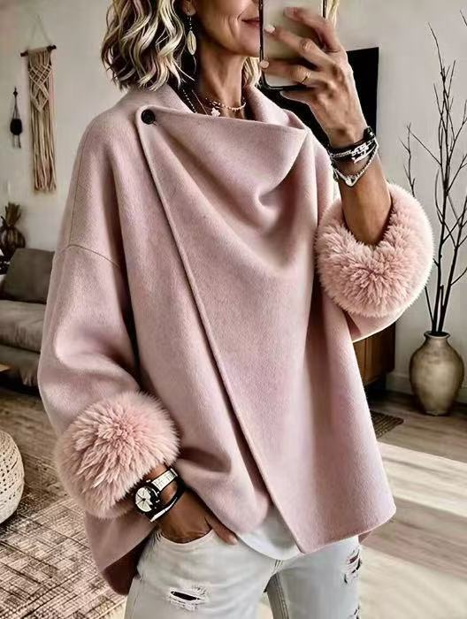 💝💝QUEENWAY | Cozy Faux Fur Cuff Asymmetric Wool-Blend Jacket