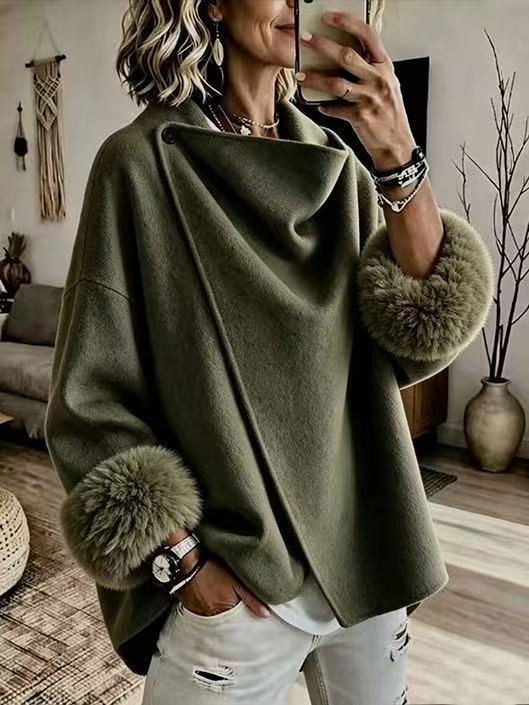 💝💝QUEENWAY | Cozy Faux Fur Cuff Asymmetric Wool-Blend Jacket
