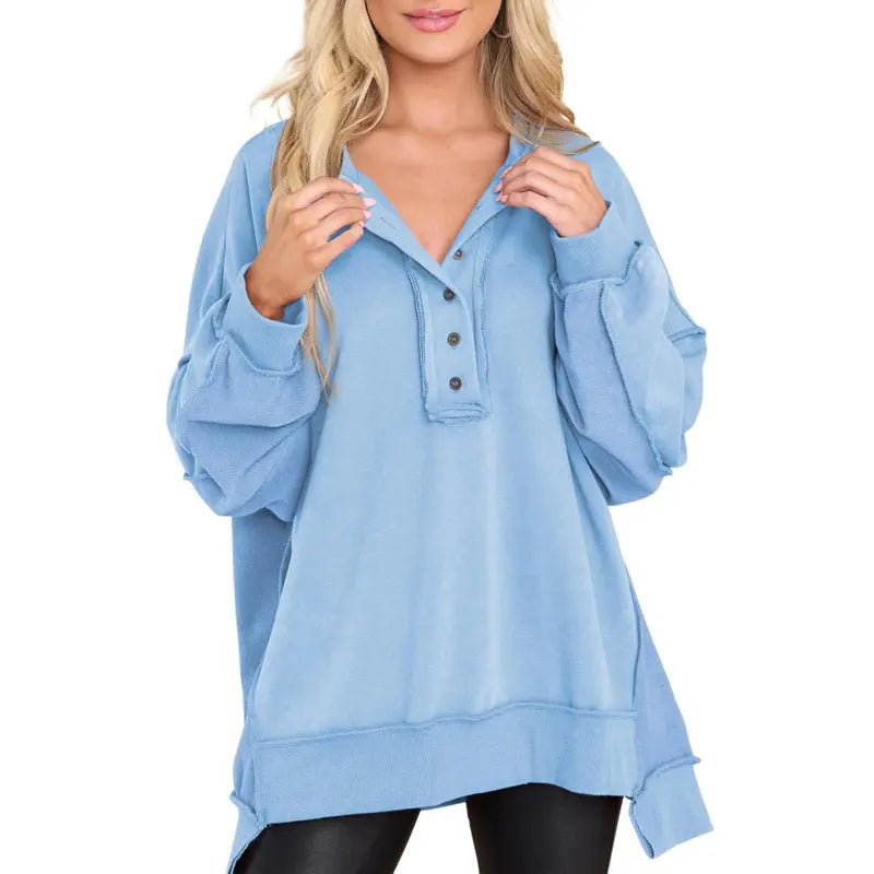 💝💝Women's Oversized Henley Sweatshirt Tunic – Long Sleeve V Neck Pullover Top, Cozy Casual Loose Fit Fall Sweater