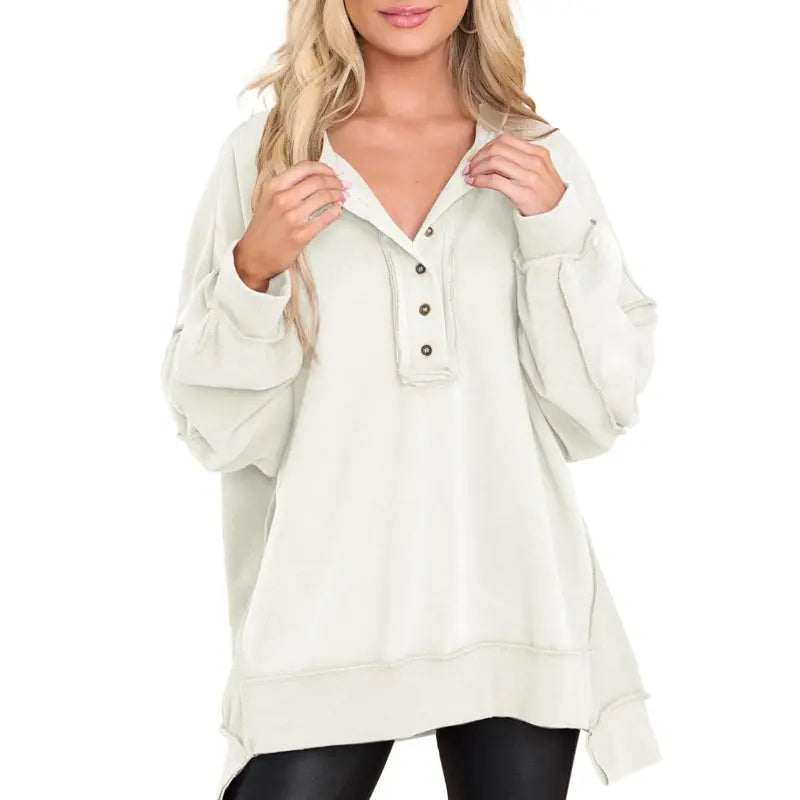 💝💝Women's Oversized Henley Sweatshirt Tunic – Long Sleeve V Neck Pullover Top, Cozy Casual Loose Fit Fall Sweater