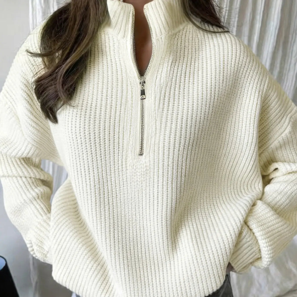 💚Women's Cream Half-Zip Knit Sweater Stand Collar