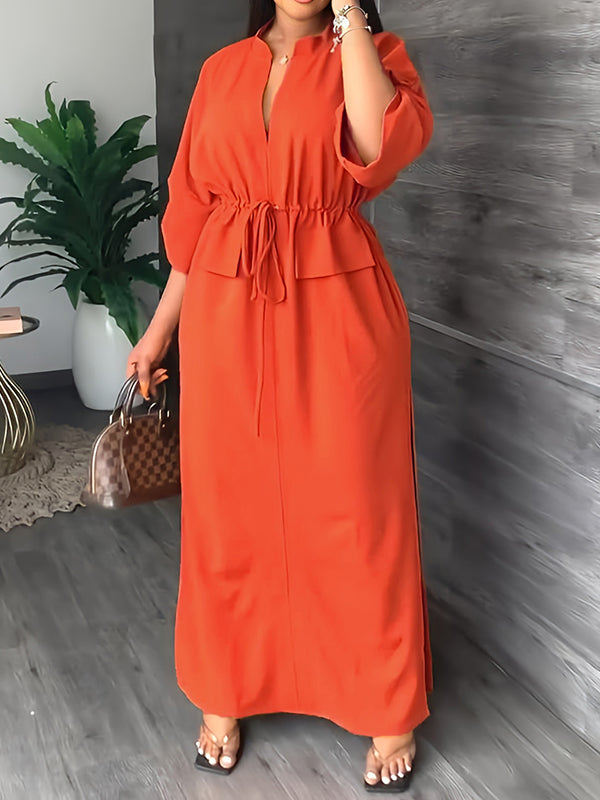 💚Loose Drawstring Solid Color Split-Side V-Neck Maxi Dresses