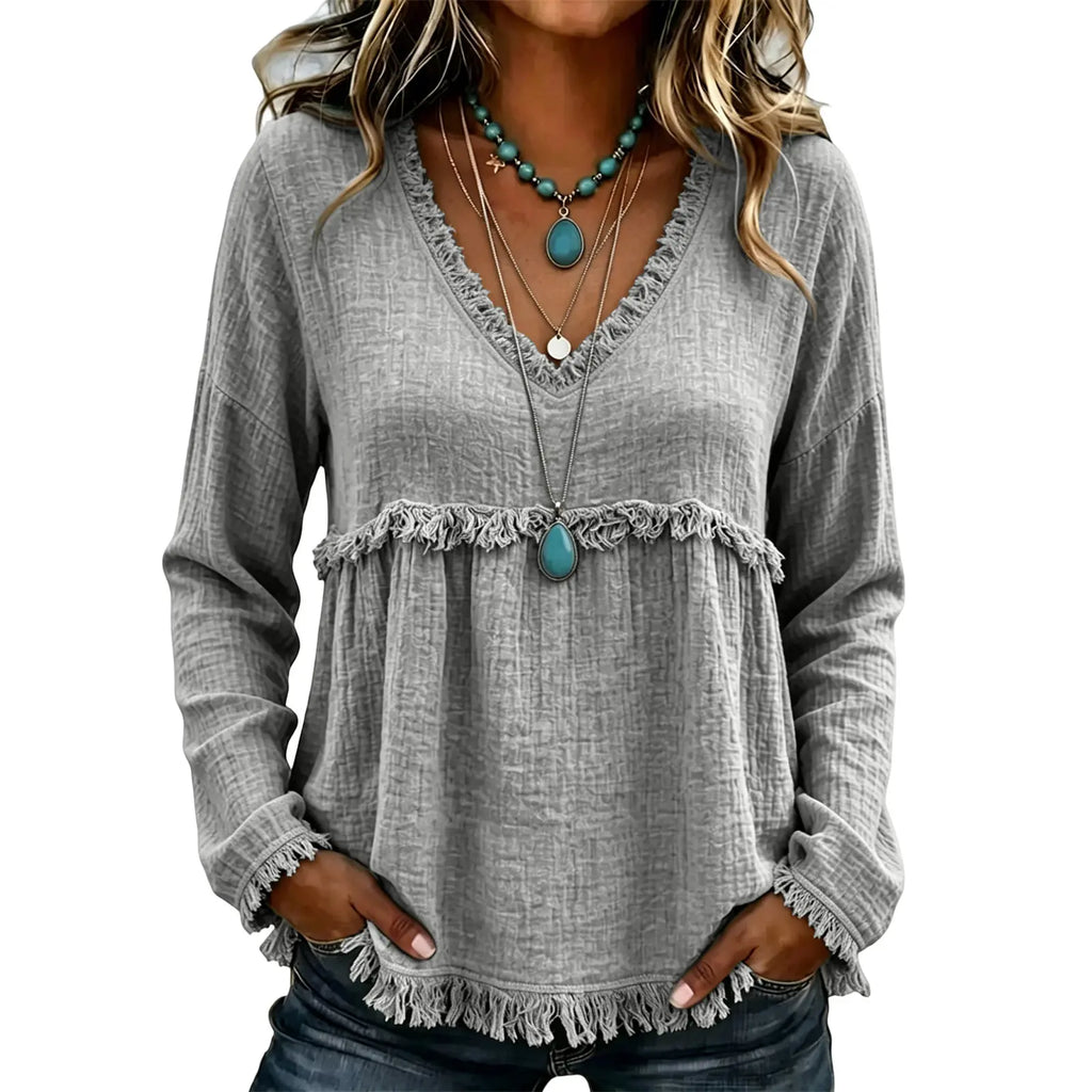 💝💝Women's Boho V Neck Long Sleeve Fringe Top Plus Size