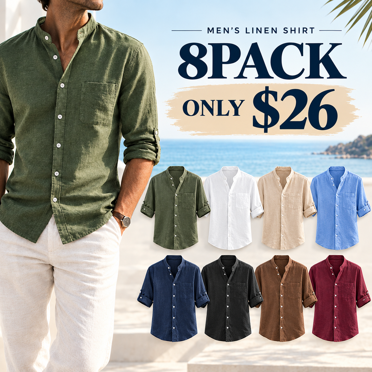 💚Men's Linen Long Sleeve Stand Collar Shirt