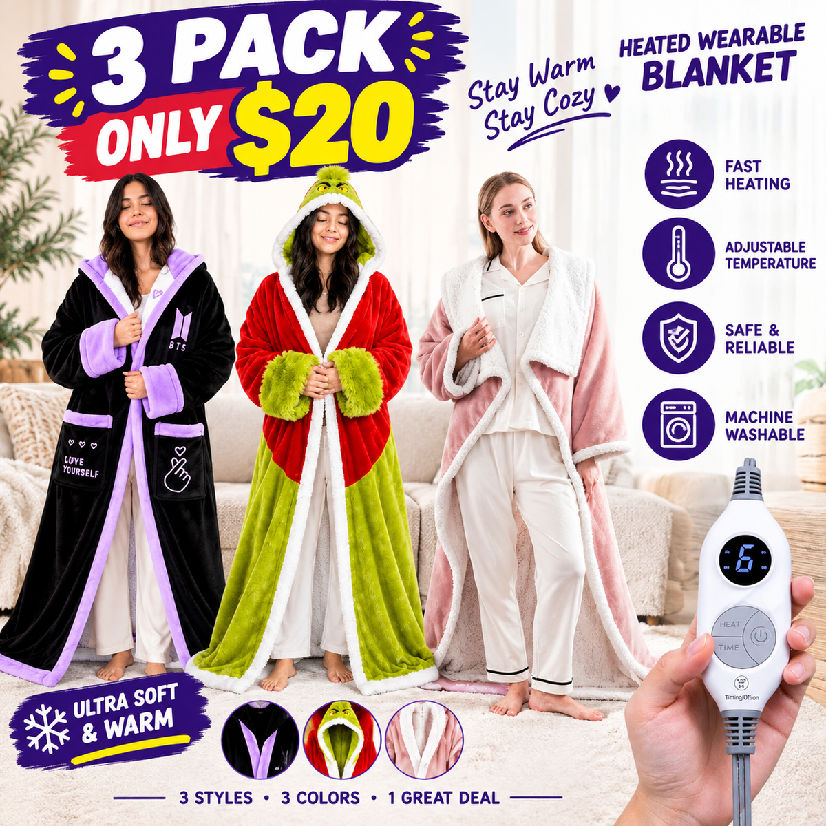 💝💝Wearable Heated Blanket with Foot Pocket Sherpa🔥Overheat Protection & Auto Shut-Off