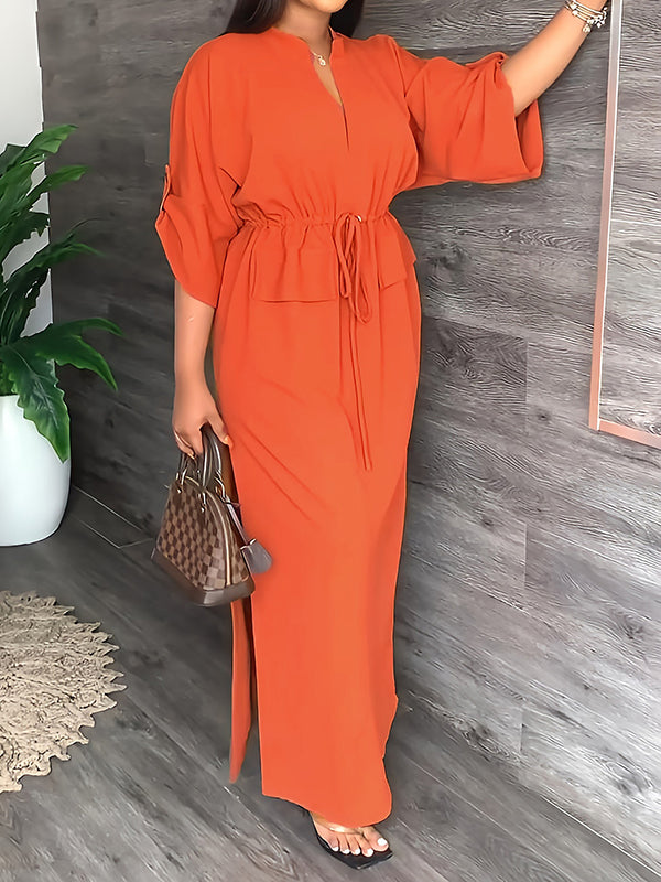 💚Loose Drawstring Solid Color Split-Side V-Neck Maxi Dresses