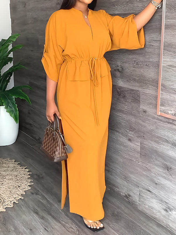 💚Loose Drawstring Solid Color Split-Side V-Neck Maxi Dresses