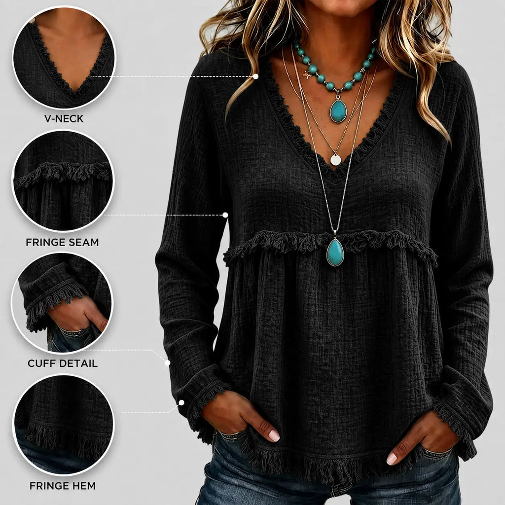 💝💝Women's Boho V Neck Long Sleeve Fringe Top Plus Size