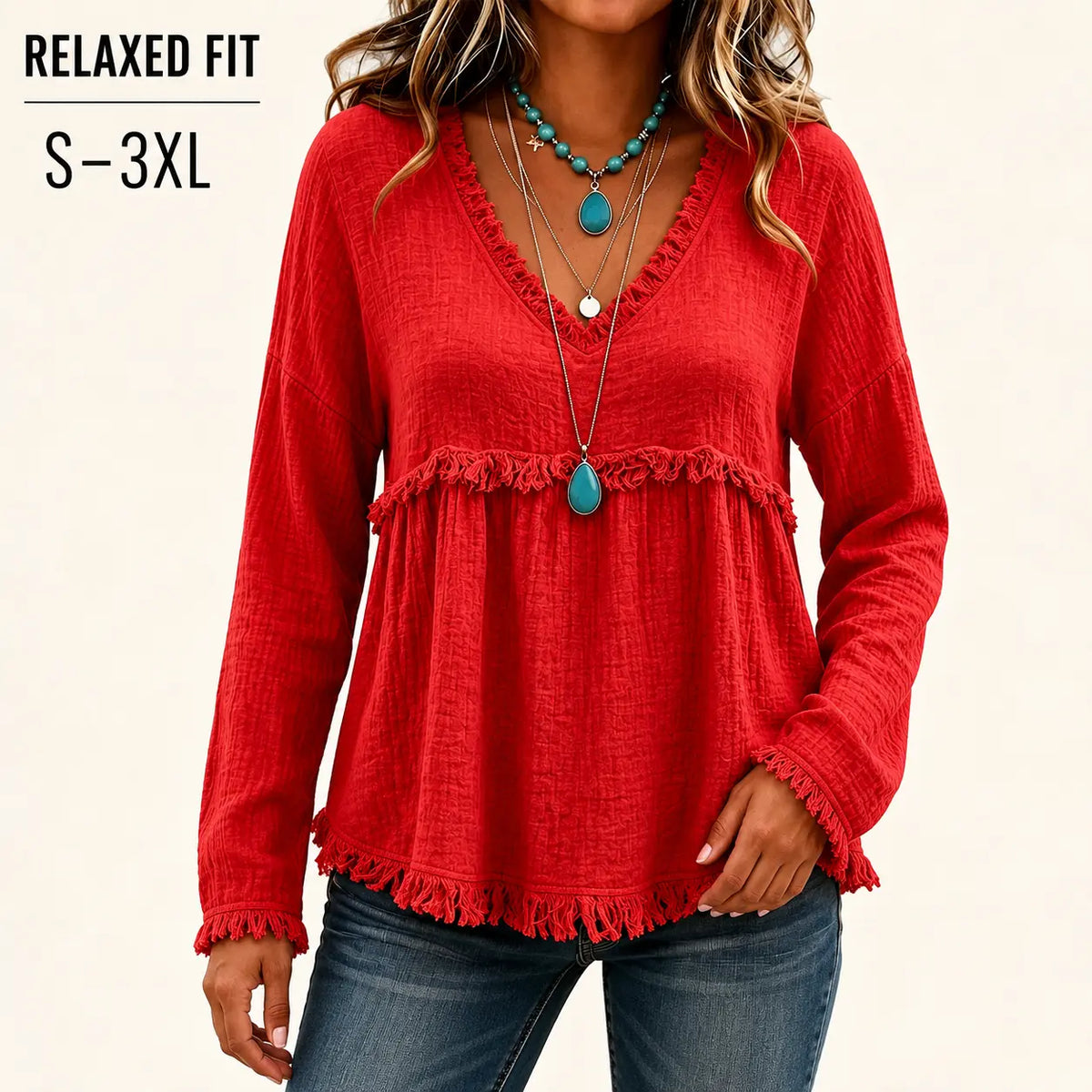 💝💝Women's Boho V Neck Long Sleeve Fringe Top Plus Size