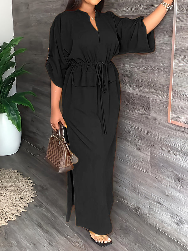 💚Loose Drawstring Solid Color Split-Side V-Neck Maxi Dresses
