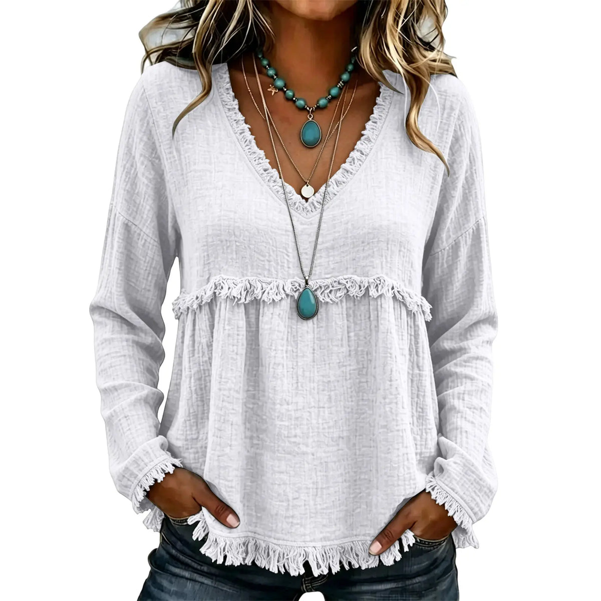 💝💝Women's Boho V Neck Long Sleeve Fringe Top Plus Size