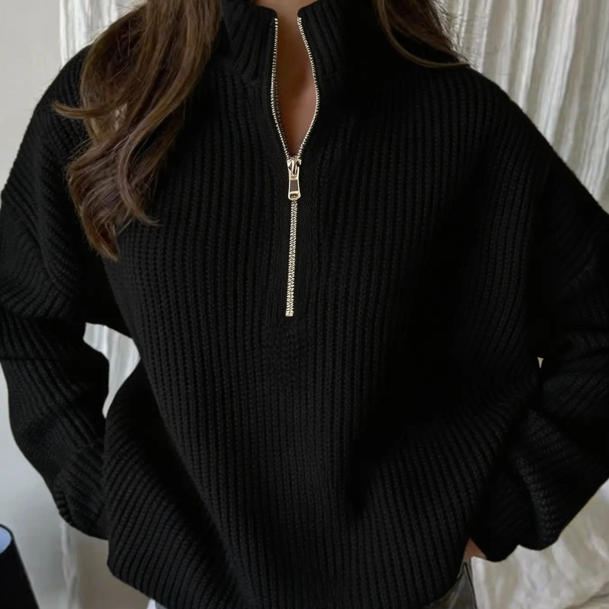 💚Women's Cream Half-Zip Knit Sweater Stand Collar