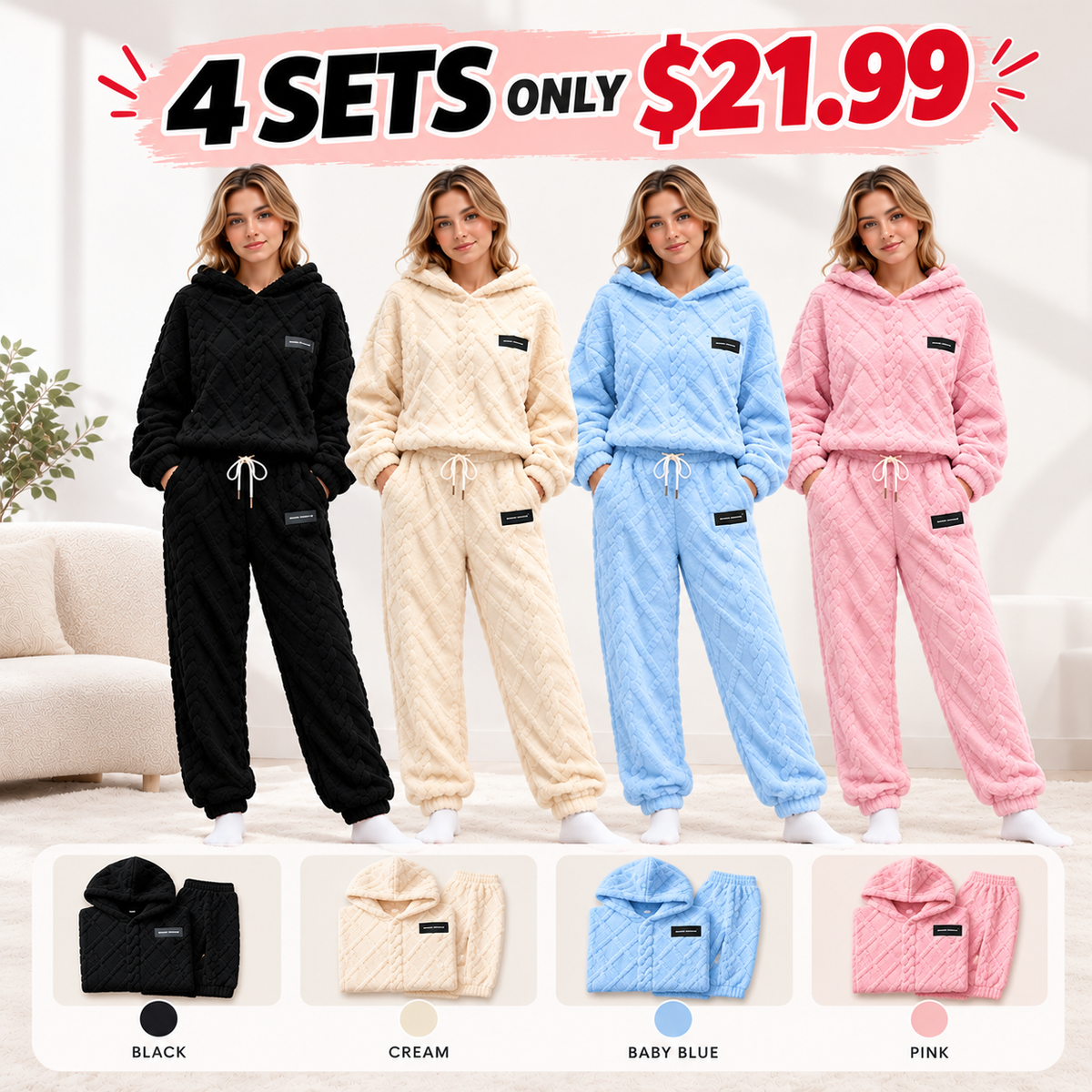 💝💝Textured Fleece-Look Hoodie And Pants Set