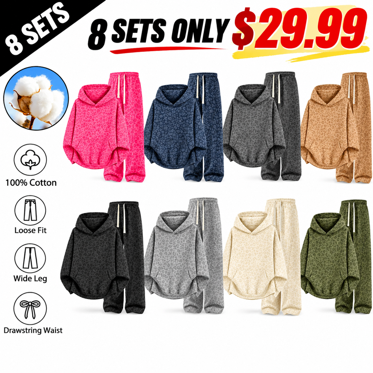Unisex 100% Cotton 2-Piece All-Over Leopard Print Streetwear Set - Loose-Fit Hoodie & Wide-Leg Pants