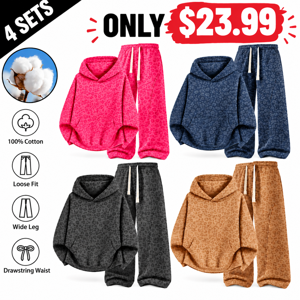 Unisex 100% Cotton 2-Piece All-Over Leopard Print Streetwear Set - Loose-Fit Hoodie & Wide-Leg Pants