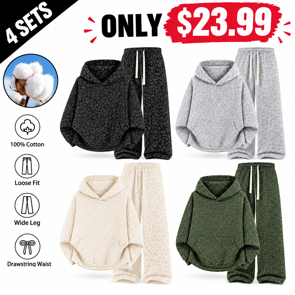 Unisex 100% Cotton 2-Piece All-Over Leopard Print Streetwear Set - Loose-Fit Hoodie & Wide-Leg Pants