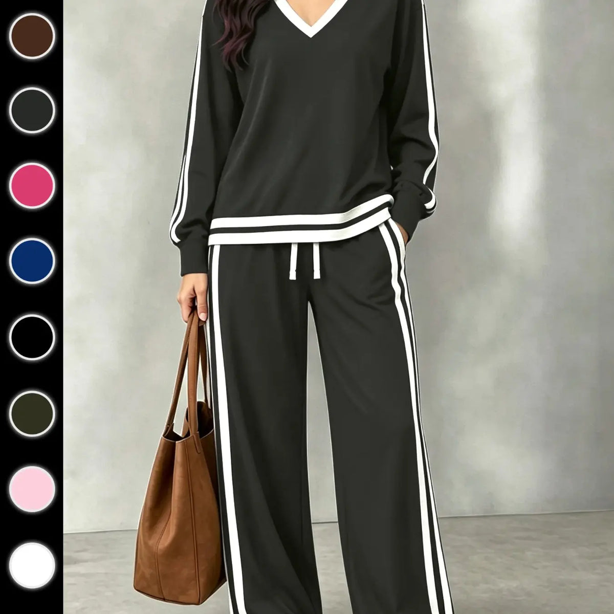 💚Women's Casual Two-Piece Set with V-Neck Long Sleeve T-Shirt and Contrast Stripe Pants | All Seasons Fashion