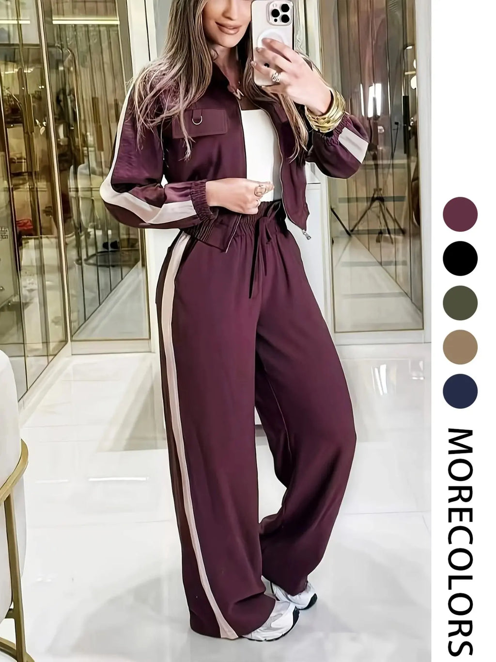 💚Casual Women's Two-Piece Set with High Waist Pants and Short Zipper Jacket, Polyester, Multiple Colors