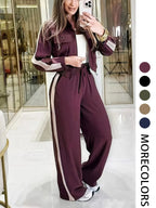 💚Casual Women's Two-Piece Set with High Waist Pants and Short Zipper Jacket, Polyester, Multiple Colors