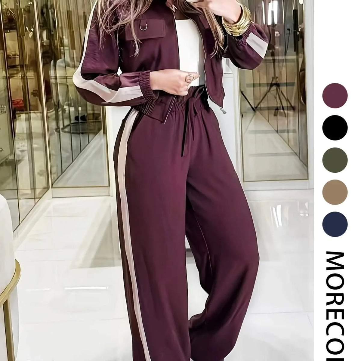 💚Casual Women's Two-Piece Set with High Waist Pants and Short Zipper Jacket, Polyester, Multiple Colors