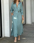 💚Slit Solid Women's Shirt Dress Elegant Casual Lape Long Sleeve Maxi Dresses