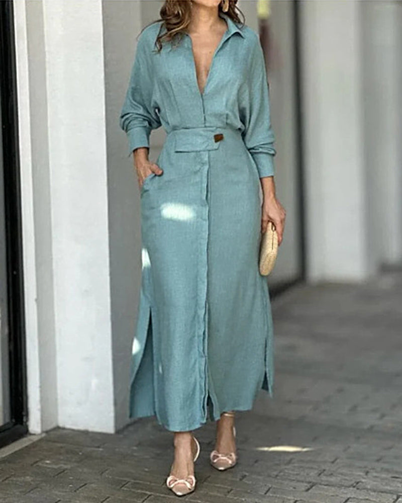 💚Slit Solid Women's Shirt Dress Elegant Casual Lape Long Sleeve Maxi Dresses