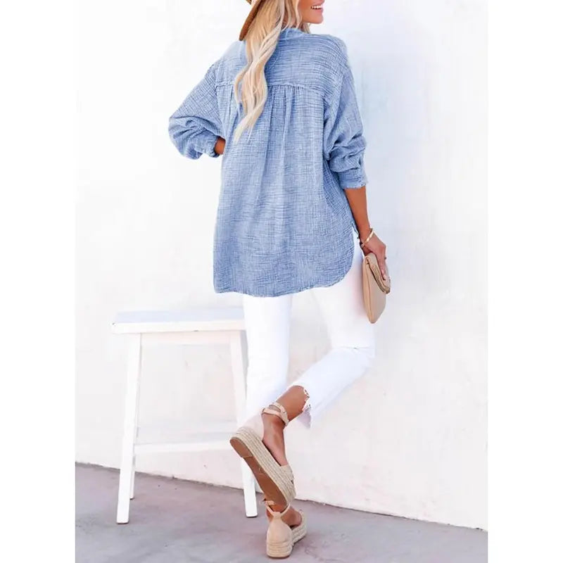 💝💝Womens Casual Button V Neck Long Sleeve Shirts Oversized Solid Blouses Tops