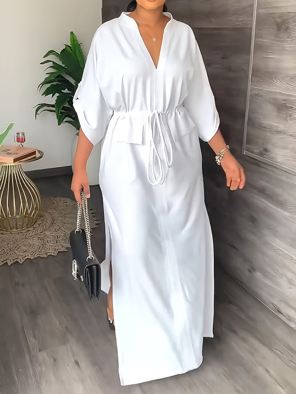 💚Loose Drawstring Solid Color Split-Side V-Neck Maxi Dresses