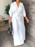 💚Loose Drawstring Solid Color Split-Side V-Neck Maxi Dresses