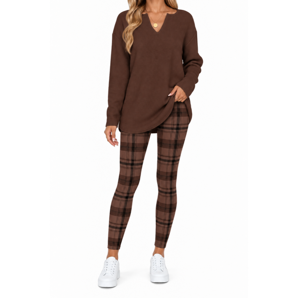 💝💝Women's 2-Piece Lounge Set – Long Sleeve Top & Plaid Leggings