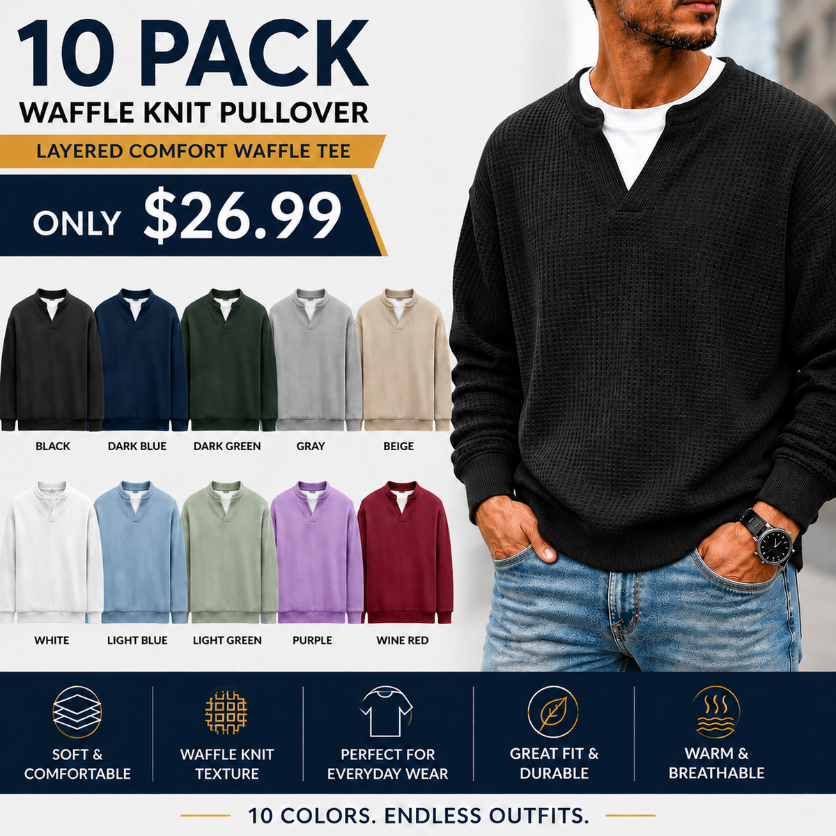 💚Men's Layered Comfort Waffle Knit Pullover – Soft Thermal Long Sleeve Sweater