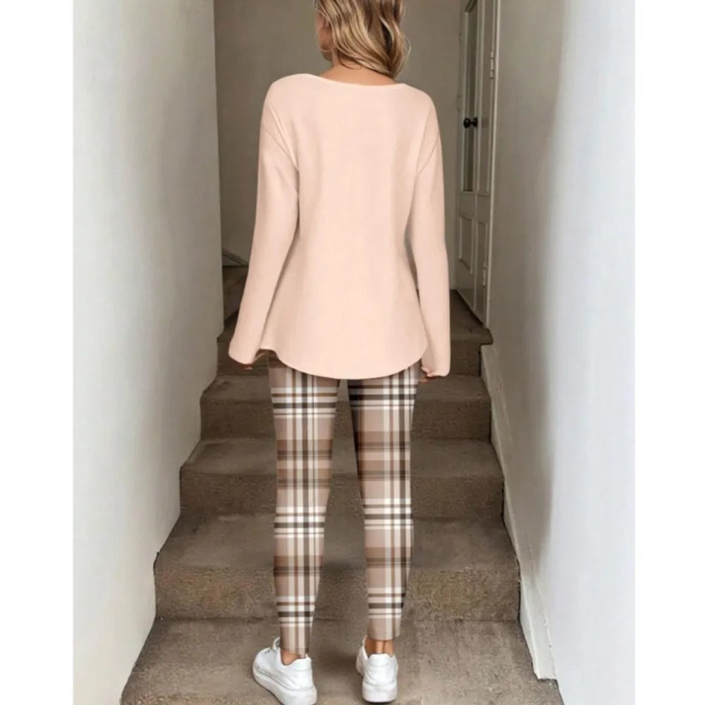 💝💝Women's 2-Piece Lounge Set – Long Sleeve Top & Plaid Leggings