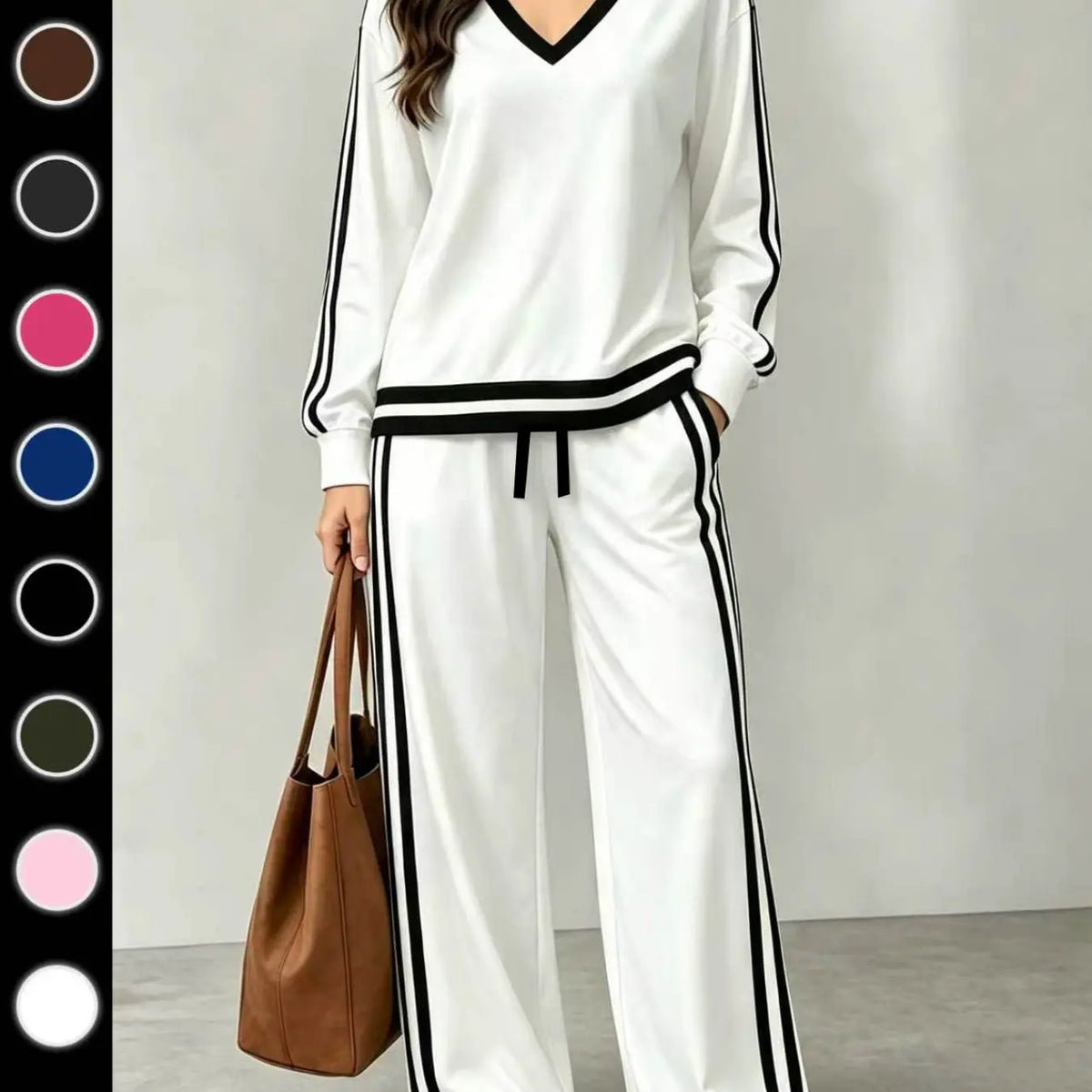 💚Women's Casual Two-Piece Set with V-Neck Long Sleeve T-Shirt and Contrast Stripe Pants | All Seasons Fashion