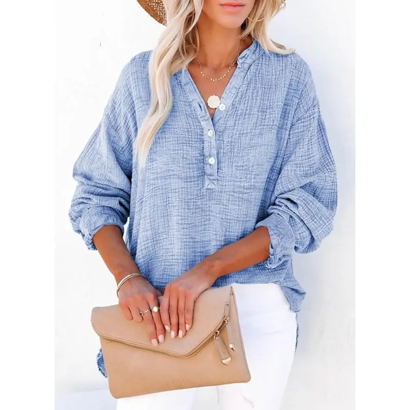 💝💝Womens Casual Button V Neck Long Sleeve Shirts Oversized Solid Blouses Tops