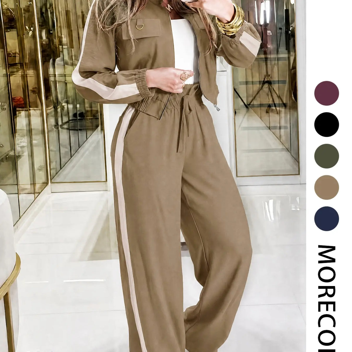 💚Casual Women's Two-Piece Set with High Waist Pants and Short Zipper Jacket, Polyester, Multiple Colors