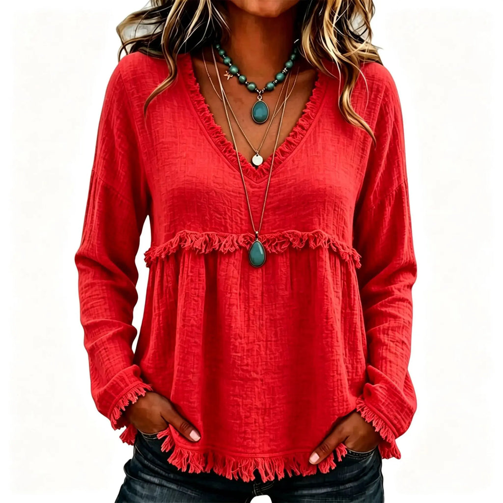 💝💝Women's Boho V Neck Long Sleeve Fringe Top Plus Size