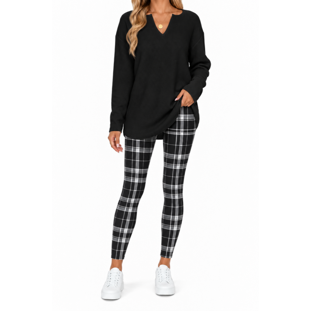 💝💝Women's 2-Piece Lounge Set – Long Sleeve Top & Plaid Leggings