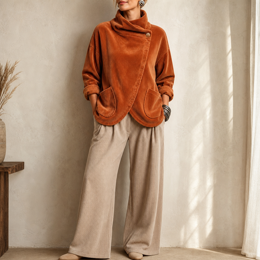 💚Draperie – Asymmetric Button-Wrap Corduroy Top