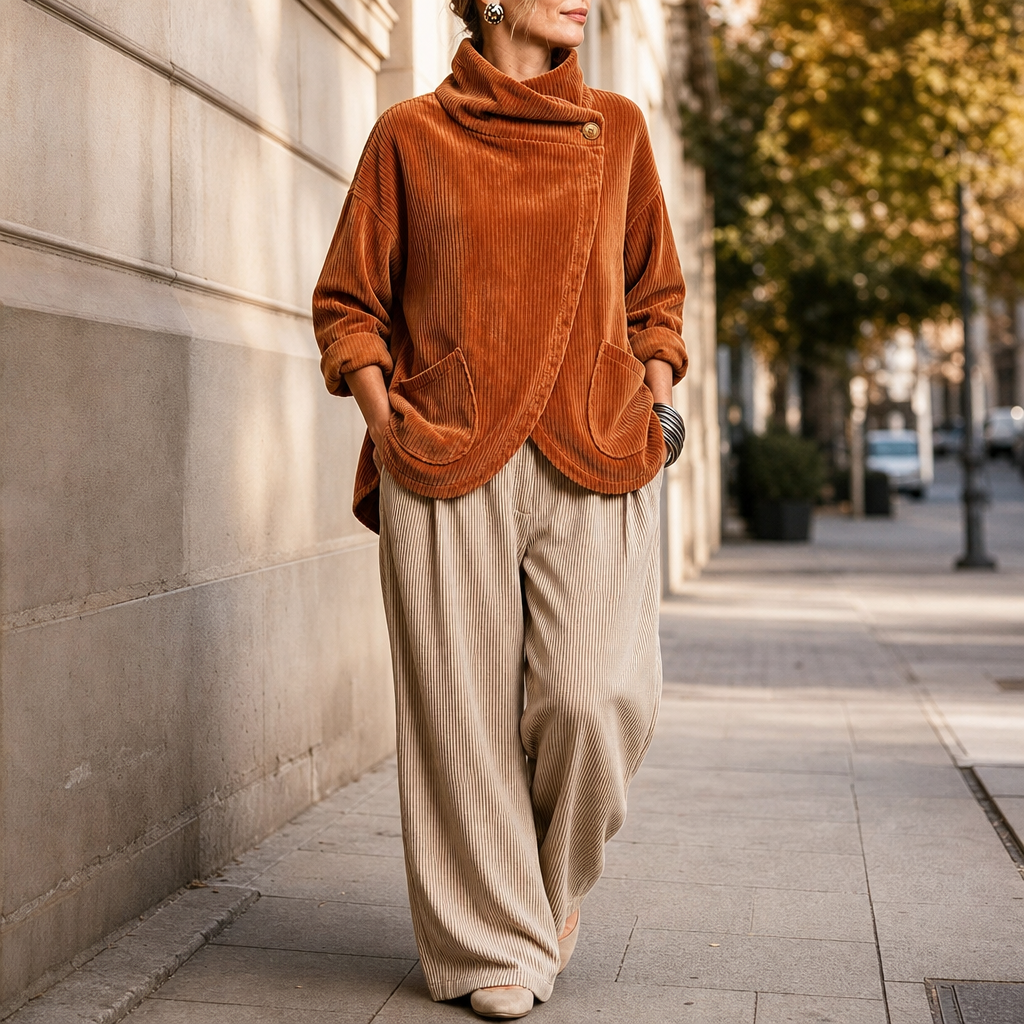 💚Draperie – Asymmetric Button-Wrap Corduroy Top