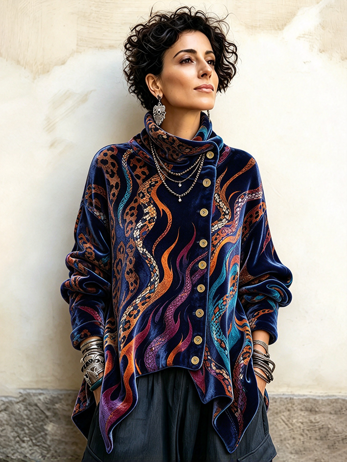 💝💝Vintage Abstract Flame And Animal Print Asymmetrical Turtleneck Top