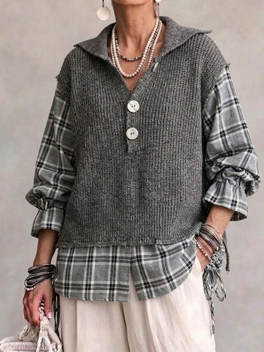 Collared Knit Top With Plaid Paneling (faux-layered Style)