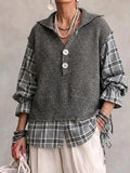 Collared Knit Top With Plaid Paneling (faux-layered Style)