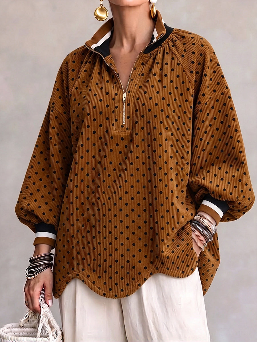 💝💝Chic Polka Dot Corduroy Zip-Up Pullover