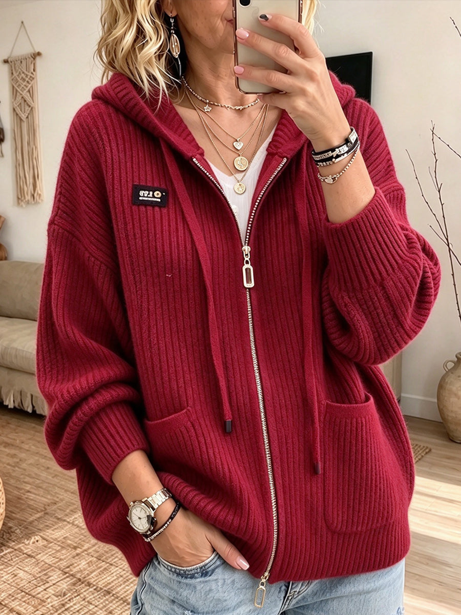 💝💝Cozy And Casual Ribbed Knit Zip-up Hooded Cardigan
