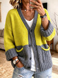 Color-Blocked V-Neck Knit Cardigan